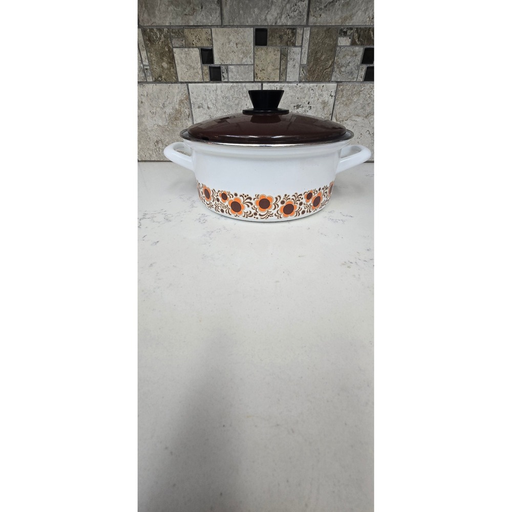 Vintage Enamel Floral pot with Lid Retro Orange Brown White